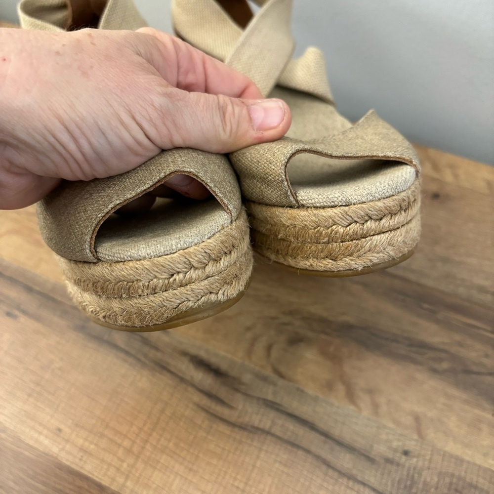 Tory Burch Natanya Peep Toe Cork Wedge Espadrille Sandal Honey Wheat Women’s - Picture 4 of 9